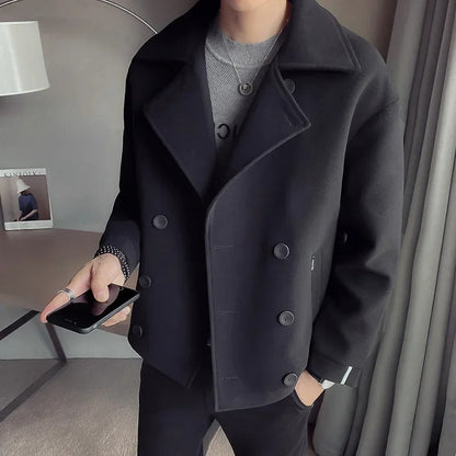 Men's Cropped Woolen Jacket - Trendy Korean British Style