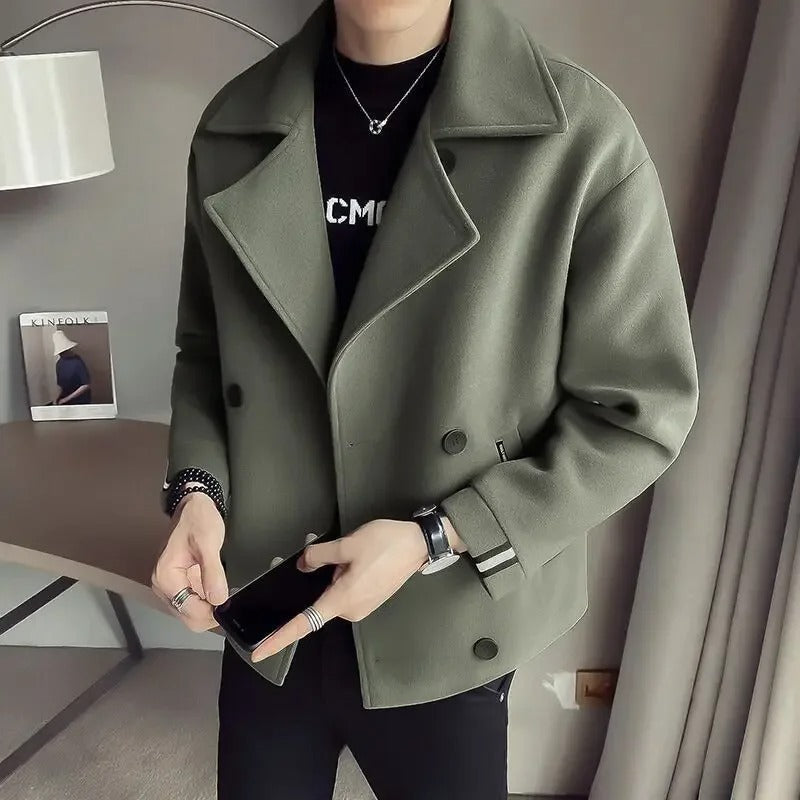 Men's Cropped Woolen Jacket - Trendy Korean British Style