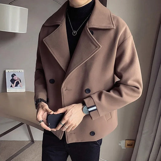 Men's Cropped Woolen Jacket - Trendy Korean British Style